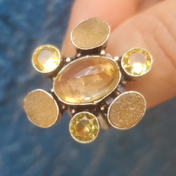 New Golden Rutile, Citrine and Druzy 925 Silver Ring. - Picture 14 of 16
